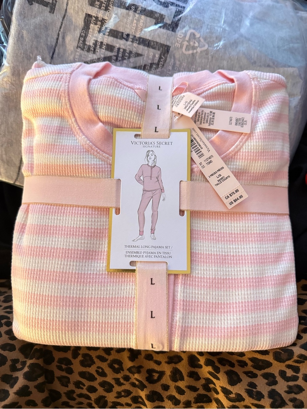 Victoria's Secret Pink & White Striped Thermal Pajama Set - L